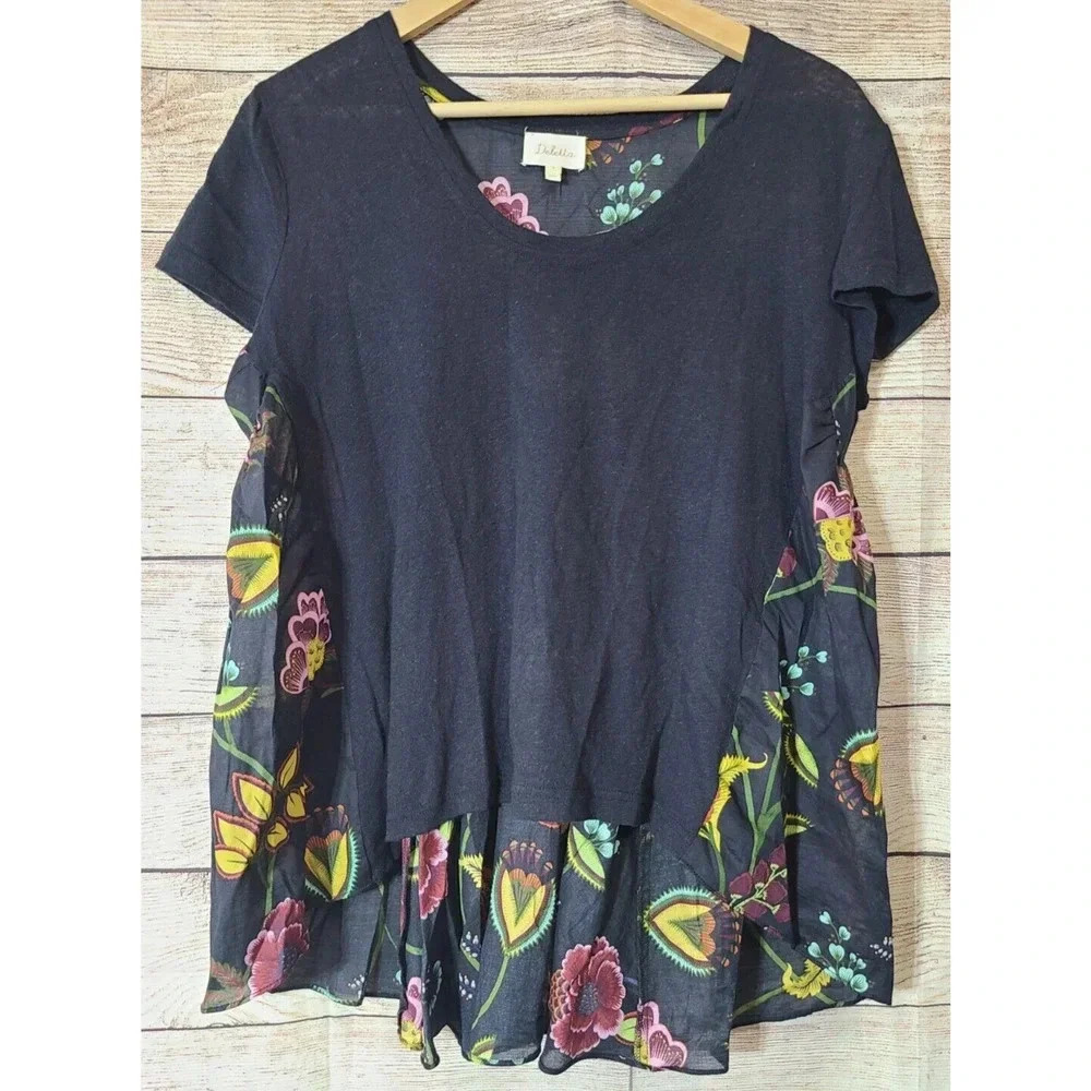 Deletta Anthropologie Women's Top Blouse Small Floral Hi Low Hem Linen Blend